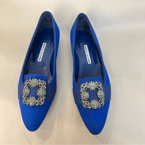Manolo Blahnik Cobalt Blue Satin Flats with Crystal Buckles